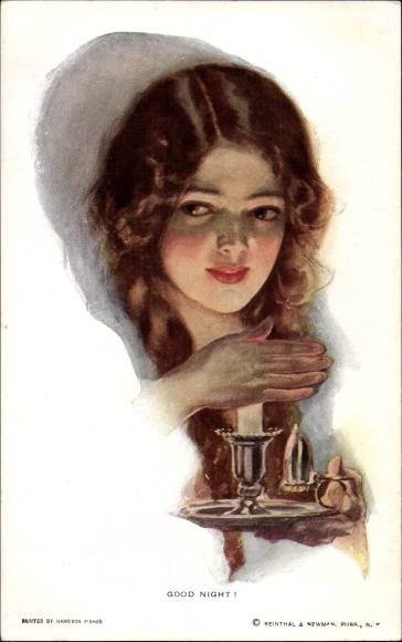 Artist Postcard Fisher, Harrison, Good Night, Young Woman with Evening Primrose