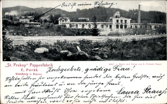 Postcard Svatý Prokop St. Prokop Loučovice Kienberg South Bohemia, cardboard factory E. Porak