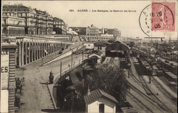Ak Algiers Algerijns Algiers, de opritten, het treinstation en de kades