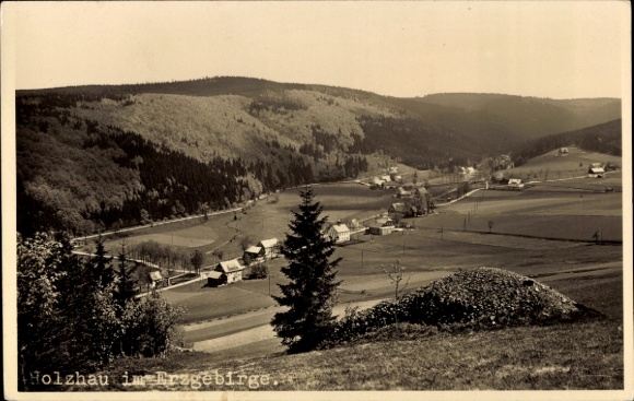 Ak Holzhau Rechenberg Bienenmühle Erzgebirge, Landschaft mit Hügeln, Wäldern, Häusern, Text "Holz