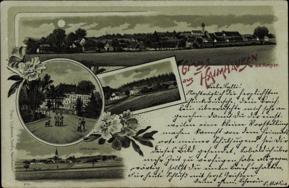 Mondschein Litho Haimhausen Oberbayern, Gesamtansicht, Schloss, Maisteig, Innhausen