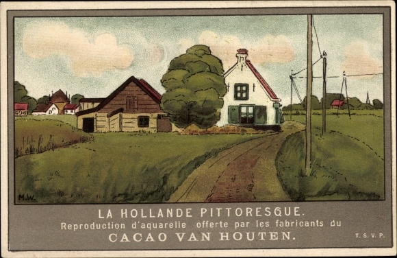 Künstler Ak Niederlande, Dorfmotiv, Reklame Cacao van Houten