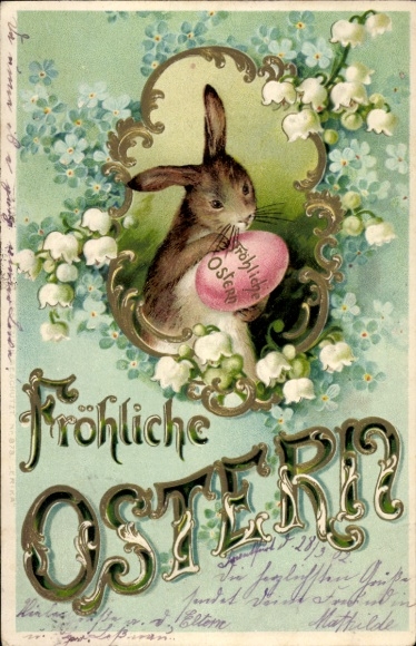 Embossed Chromo-Litho Congratulations Easter, bunny with Easter egg, lily of the valley