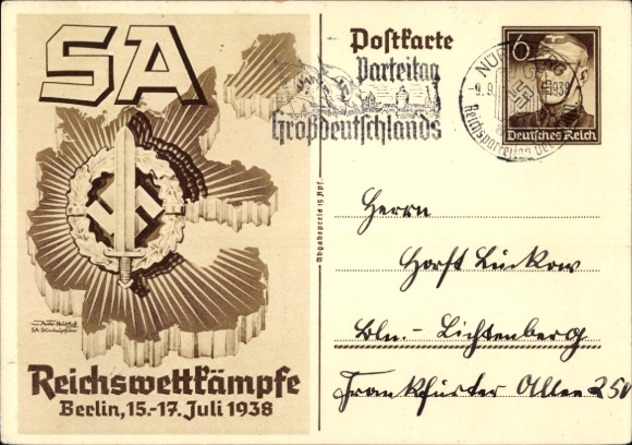 Postal stationery artist PC Axster Heudtlaß, SA Reich competitions Berlin 1938