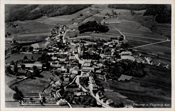 Postcard Freyung in the Bavarian Forest, aerial view of rural surroundings, houses, streets