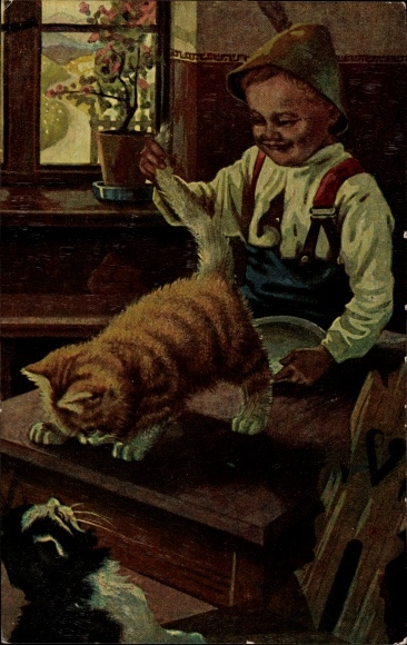 Artist PC Lehmann, S., F., boy playing with cats, teasing, Degi 1011