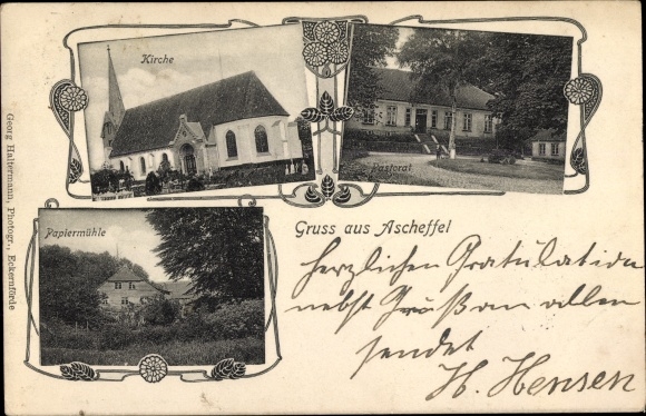 Jugendstil Ak Ascheffel im Kreis Eckernförde, Kirche, Pastorat, Papiermühle
