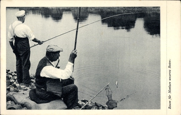 Postcard Berlin Spandau Siemensstadt, Two anglers at the water, Spandauer Zeitung, Photo: Walter Heinke