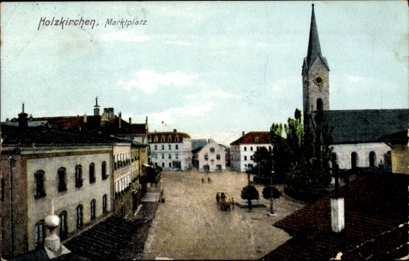 Postcard Holzkirchen in Upper Bavaria, market square, church