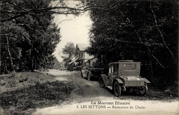 Ak Les Settons Nièvre, Morvan, Restaurant du Chalet, Automobil