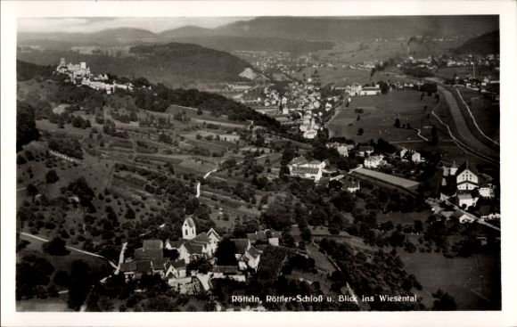 Postcard Rötteln Haagen Lörrach in Baden, castle ruin Rötteln, Röttler Castle, aerial photograph