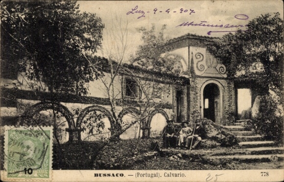 Postcard Buçaco Portugal, Calvario, building, two people, nature,