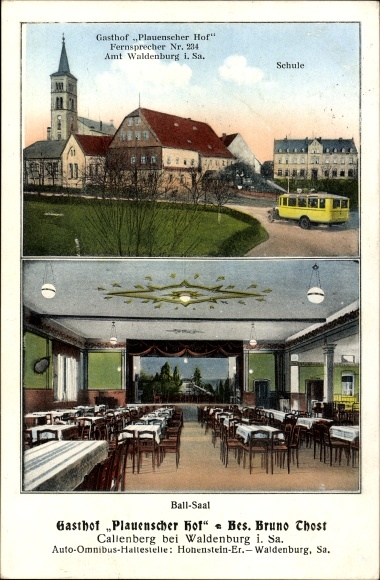 Postcard Callenberg in Saxony, Gasthof Plauenscher Hof, school, church, bus, ballroom