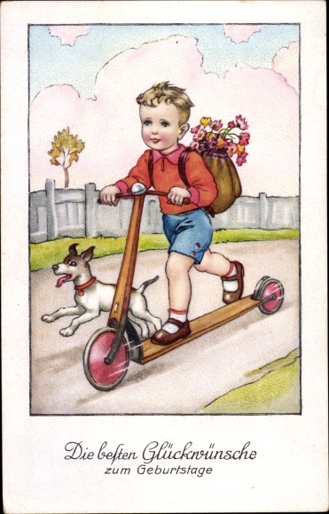 Artist Postcard Happy birthday, boy on scooter, flowers, dog