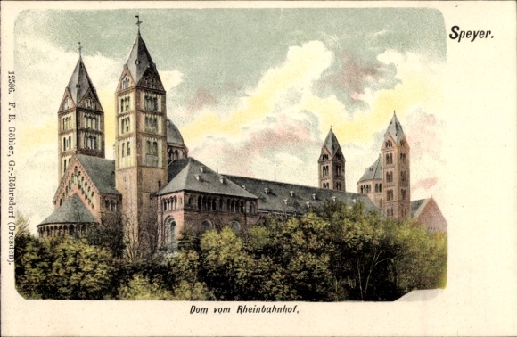 Ak Speyer am Rhein, Dom vom Rheinbahnhof,  farbige Postkarte, historisch