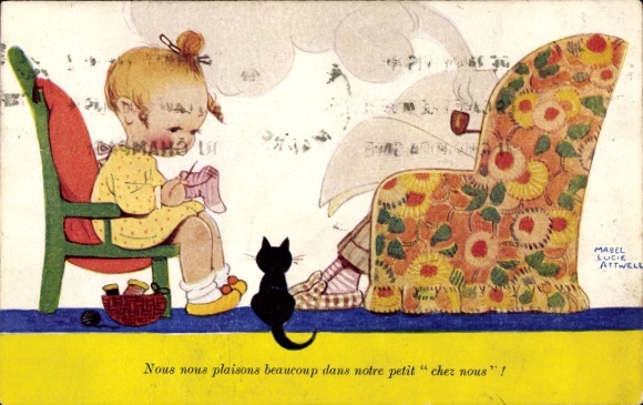Postcard Epernay Marne, girl knitting, cat watching