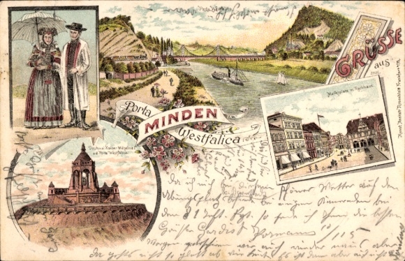 litho Porta Westfalica aan de Wezer, monument voor keizer Wilhelm de Grote, panorama, marktplein