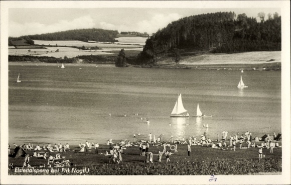 Postcard Pirk Oelsnitz Vogtland, Elstertalsperre, bathing and sailing party