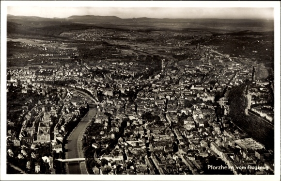 Postcard Pforzheim in the Black Forest, aerial view of river, cityscape, black and white photography