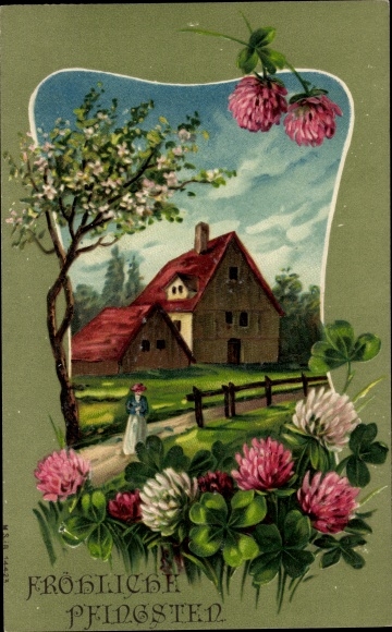 Embossed PC congratulations Pentecost, house, lucky clover, flowers