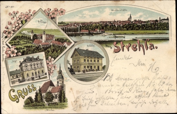 Chromo-Litho Strehla on the Elbe Saxony, train station, castle, post office, church, view of the town