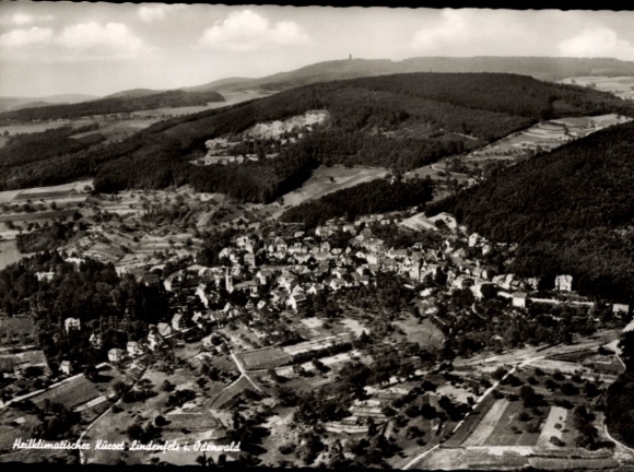 Postcard Lindenfels in the Odenwald, aerial photograph of forest landscape, buildings, Odenwald