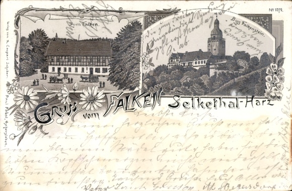 litho Falkenstein in het Harzgebergte, Selketal, kasteel Falkenstein, Gasthaus Zum Falken