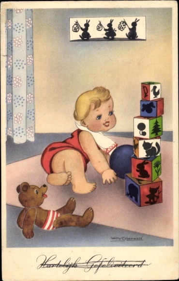 Artist Postcard Schermele, Willy, congratulations birthday, child, teddy, toys