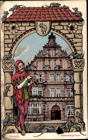 passe-partout ansichtkaart Hamelen aan de Weser Nedersaksen, rattenvanger huis, rattenvanger, ratten