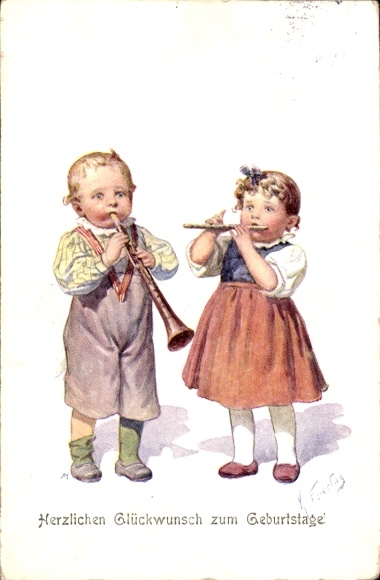 Künstler Ak Feiertag, Karl, Glückwunsch Geburtstag, Zwei Kinder spielen Flöte