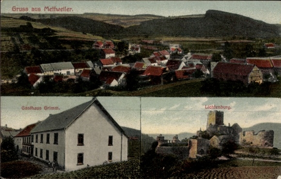 Ak Mettweiler Rijnland-Palts, totaaloverzicht, Gasthaus Grimm, Lichtenburg