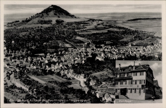 Postcard Eningen unter Achalm am Albtrauf, aerial photograph, Gasthaus zur Post