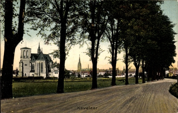 Postcard Kevelaer on the Lower Rhine, church, street, trees, city view, color PC