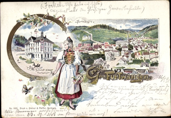 KP artysty Fuchs, Karl, Furtwangen w Schwarzwaldzie, kobieta w kostiumie, hotel dworcowy, widok całkowity