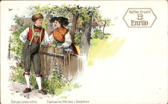 Litho Badische Landestrachten, Eckartsweiher, Altenheim und Dundenheim, Reklame Kaffee-Ersatz Enrilo