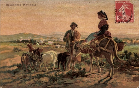 Artist Postcard Morning Meeting, Shepherd, Woman in Traditional Costume
