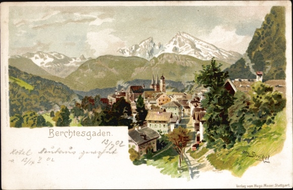 Artist Chromo-Litho Stützel, Otto, Berchtesgaden in Upper Bavaria, partial view of the site