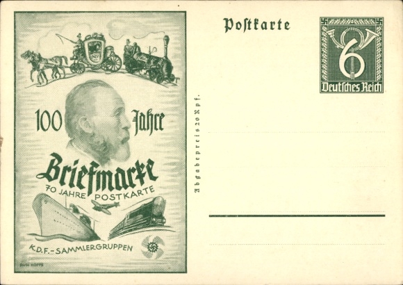 Postwaardestuk Ak 100 jaar postzegel, 70 jaar ansichtkaart, Dr. Heinrich von Stephan, KdF-verzamelaarsgroepen