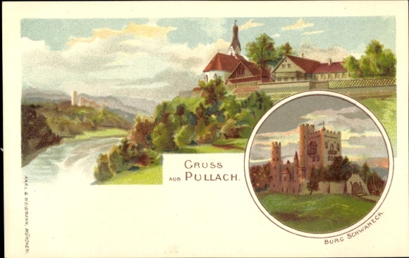 Chromo-Litho Pullach in the Isar Valley, Upper Bavaria, general view, Schwaneck Castle