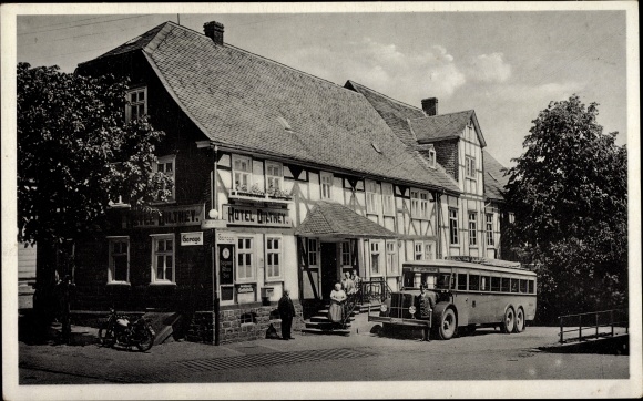 Postcard Burbach im Siegerland, Hotel Dilthey, bus, motorcycle