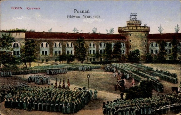 Postcard Poznań Posen, Kernwerk, soldiers, formation