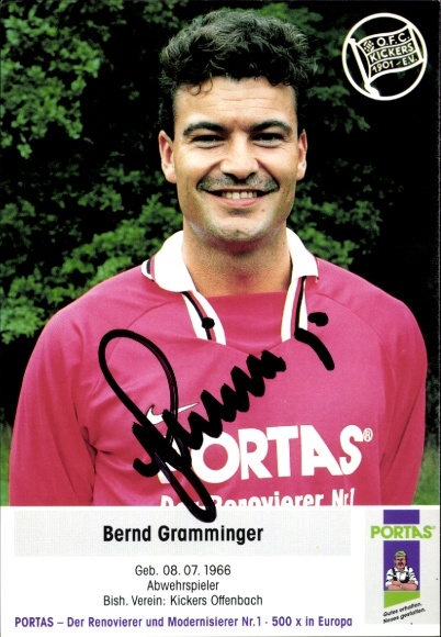 Karta z autografem piłkarza Bernda Grammingera, Kickers Offenbach, autograf