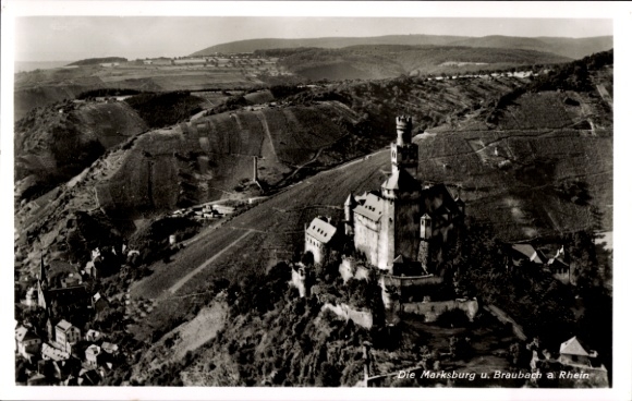 Postcard Braubach am Rhein, Marksburg, aerial photograph