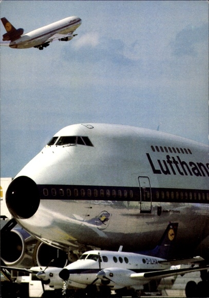 Postcard Lufthansa passenger aircraft at an airport