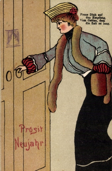 Artist Postcard Handpainted, Happy New Year, woman welcomes her husband