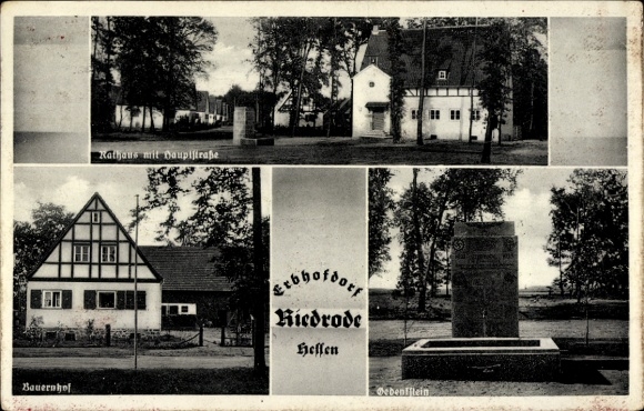 Ak Riedrode Bürstadt in Hessen, Gedenkstein, Bauernhof, Rathaus, Hauptstraße