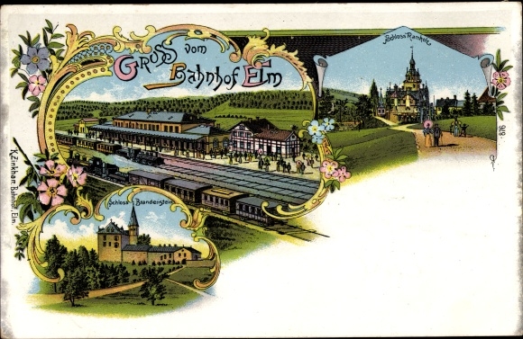 Chromo-Litho Elm Schluechtern in Hesse, train station, track side, Brandenstein Castle, Ramholz Castle