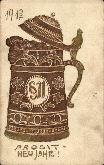 Präge Glitzer Litho Glückwunsch Neujahr 1912, Bierglas, Glücksklee
