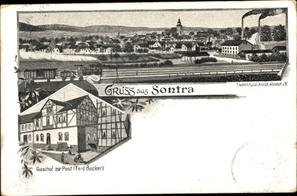 Chromo-Litho Sontra in Hesse, Gasthof zur Post, view of the town, railway tracks