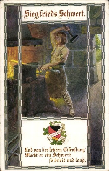 Artist Postcard Kuderna, Siegfried's sword, blacksmith, anvil, hammer, League of Germans in Bohemia